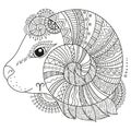 Vector coloring book for adults. Silhouette of sheep isolated on white background. Zodiac sign aries. Sheep