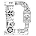 Vector coloring book for adults. Steampunk capital font. Mechanical alphabet made of metal gears and various details on Royalty Free Stock Photo