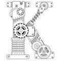 Vector coloring book for adults. Steampunk font. Mechanical alphabet made of metal gears and various details on white