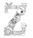 Vector coloring book for adults. Steampunk font. Mechanical alphabet made of metal gears and various details on white background. Royalty Free Stock Photo