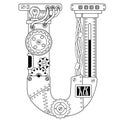 Vector coloring book for adults. Steampunk font. Mechanical alphabet made of metal gears and various details on white