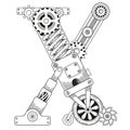 Vector coloring book for adults. Steampunk font. Mechanical alphabet made of metal gears and various details on white