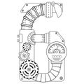 Vector coloring book for adults. Steampunk mathematical symbol six. Mechanical number made of metal gears and various