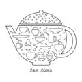 Vector coloring book for children with teapot  cups  spoons and other. The inscription Tea time. Black and white items Royalty Free Stock Photo