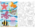 Vector coloring book marine life. coloring page sea life. Underwater world with fish, algae, squid, octopus, starfish, jellyfish. Royalty Free Stock Photo