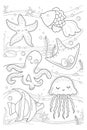 Vector coloring book marine life. coloring page sea life. Underwater world with fish, algae, squid, octopus, starfish, jellyfish. Royalty Free Stock Photo