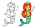 Vector coloring book with a mermaid. Black and white and color sample of the coloring page. A water girl with a fish tail, Royalty Free Stock Photo