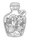 Vector Coloring book page for adult. Set of seashell in a glass bottle for summer memories Royalty Free Stock Photo