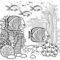 Vector coloring book page for adults. Black and white illustration of underwater life, sea creature, shell, algae and Royalty Free Stock Photo