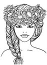 Vector coloring book page for adults. Black and white illustration. A beautiful girl with a braid and a wreath of Royalty Free Stock Photo