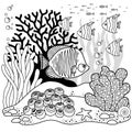 Vector coloring book page for adults. Black and white illustration of underwater life, sea creature, shell, algae and Royalty Free Stock Photo