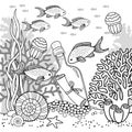 Vector coloring book page for adults. Black and white illustration of underwater life, sea creature, shell, algae and Royalty Free Stock Photo