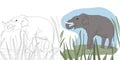 Vector coloring of the book pages. Animals in nature. Big adult elephant in the grass.