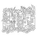 Vector coloring book. Summer urban landscape. Cartoon hand-drawn townhouses and flowers