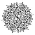 Vector coloring composition in a circle. Ornament of beautiful curls mandala. Antistress coloring to relieve stress during