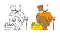 Vector coloring humorous caricature character. The rich millionaire with a cane and bag of dollars.