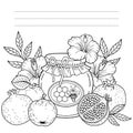 Autumn vector coloring page for adults. Black and white background silhouette. Harvest of ripe apples, pomegranates and honey pot.