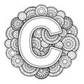 Vector Coloring page for adults. Contour black and white Capital English Letter C on a mandala background