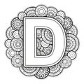 Vector Coloring page for adults. Contour black and white Capital English Letter D on a mandala background