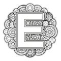 Vector Coloring page for adults. Contour black and white Capital English Letter E on a mandala background
