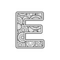 Vector Coloring page for adults. Contour black and white Capital English Letter E on a mandala background