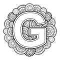 Vector Coloring page for adults. Contour black and white Capital English Letter G on a mandala background