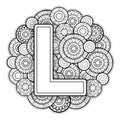 Vector Coloring page for adults. Contour black and white Capital English Letter L on a mandala background