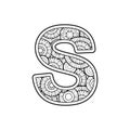 Vector Coloring page for adults. Contour black and white Capital English Letter S with background a mandala pattern