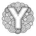 Vector Coloring page for adults. Contour black and white Capital English Letter Y on a mandala background