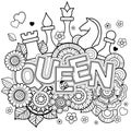 Vector Coloring page for adults. Queen of Chess. Black and white flower in a mandala style