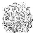 Vector Coloring page for adults. Queen of Chess. Black and white flower in a mandala style