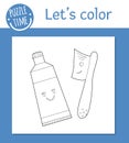 Vector coloring page with cute kawaii toothbrush and toothpaste. Funny teeth care characters. Dental themed outline clipart for Royalty Free Stock Photo