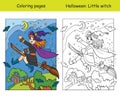 Coloring with colored example Halloween witch on broom Royalty Free Stock Photo