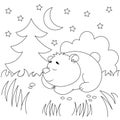 Vector coloring pages with cute bear sleeping at night under a bush in a forest in a clearing. Cartoon contour illustration Royalty Free Stock Photo