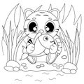 Vector coloring pages with cute tiger cub catches fish. Cartoon contour illustration isolated on white background Royalty Free Stock Photo