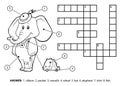 Vector colorless crossword. Cute elephant with a toy