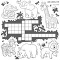 Vector colorless crossword, education game about safari animals Royalty Free Stock Photo