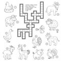 Vector colorless crossword about farm animals Royalty Free Stock Photo