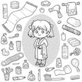 Vector colorless set of bathroom objects, girl and bathrobe
