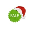 Vector Colorul Christmas Sale Tag, Linen Textured Green Circle with Santa`s Hat, Illustration Isolated.