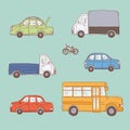 Vector coloured set of sketch illustration vintage trucks and cars. Yellow school bus, commercial vehicles and private