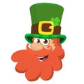 Vector colourful illustration of leprechauns head in top hat, isolated on white background. .
