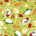 Vector colourful Malaysian food Nasi Lemak green repeat pattern. Perfect for fabric, scrapbooking and wallpaper projects