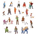 Vector colourful sketch set of illustrations walking urban residents. Children and adults in various situations in the