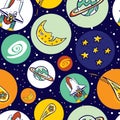 Vector colourful space shuttle blast off elements in circles repeat pattern. Great for kids school bags and wrapping Royalty Free Stock Photo