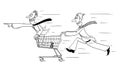 Vector Comic Cartoon of Businessman Running and Pushing Fast Another Man in Shopping Cart