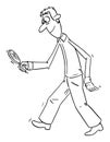 Vector Comic Cartoon of Man or Detective Walking With Magnifying Glass and Searching for Something Hidden