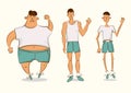 Vector comic character in a different forms. Set of cartoon style illustrations. Man with excess weight, in normal shape and with