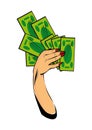 Vector comic female hand with cash money Hand with money isolate