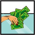 Vector comic female hand with cash money Hand with money on pop